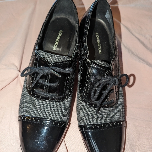 Covington Sheena Black Patent Gray Oxford Block Heel Laces Size 8 Dark Academia - Picture 3 of 10